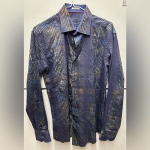 Bugatchi Blue and Gold Patterned Button Down Shirt